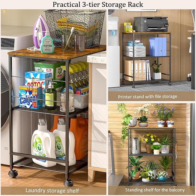 ThreeHio Rolling Kitchen Microwave Cart, 3 Tier Microwave Table Stand with Storage, Kitchen Utility Cart on Lockable Wheels, Small Coffee Cart Shelf Rack Organizer for Living Room Office, Balcony - Image 6