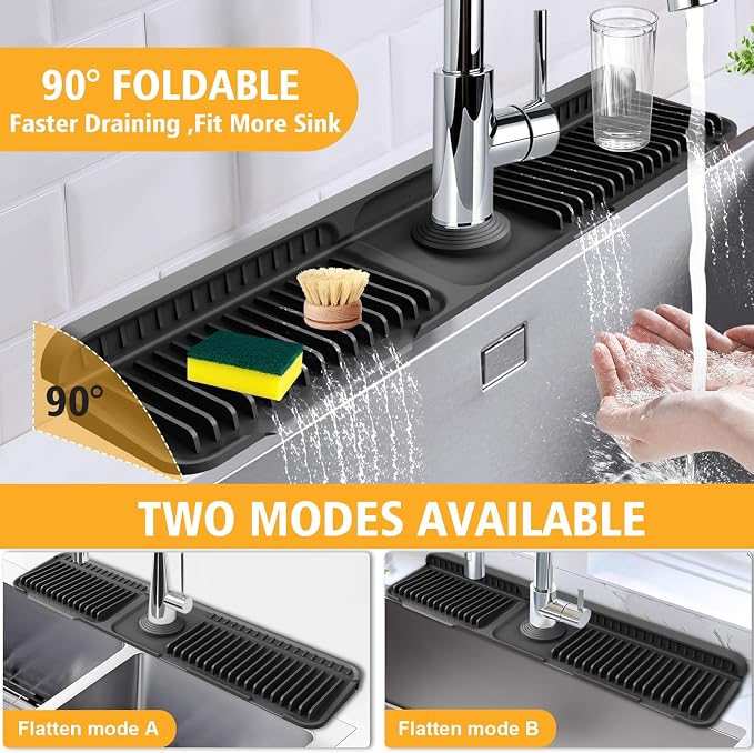 24-Inch Kitchen Sink Splash Guard Mat | 7° Slope for Fast Self-Draining | Snap-Lock Design | Universal & Cuttable Silicone Faucet Mat (Black) - Image 5