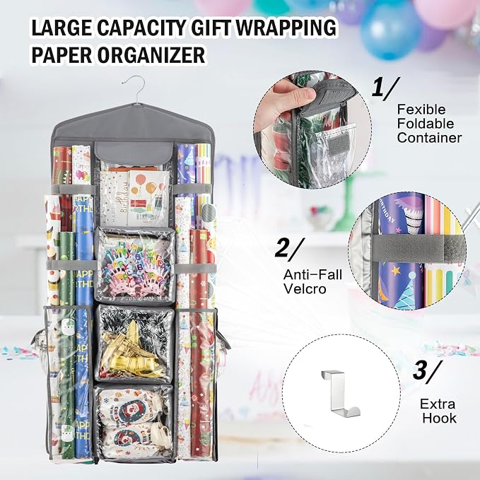 Christmas Wrapping Paper Organizer Storage, Hanging Gift Bag Storage Organizer, Double-Sided Wrapping Paper Holder Storage - Grey - Image 6