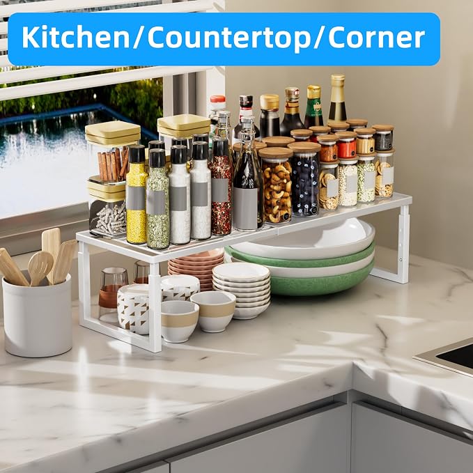 Cabinet Shelf, 1 Pack Stackable Shelf for Kitchen Storage | Expandable & Height Adjustable Cabinet Organizer Shelf | Metal Shelf Organizer | White Spice Rack for Pantry Storage - Image 8
