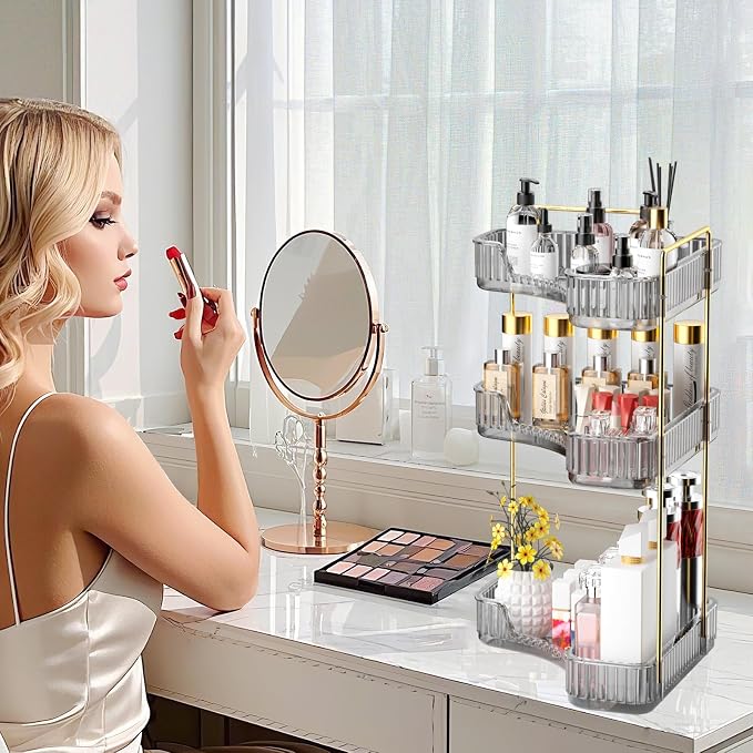GTI 3-Tier Corner Bathroom Counter Organizer, Large Capacity Makeup Organizer Countertop, Perfume Cosmetics Skincare Vanity Organizers, Exquisite Countertop Storage for Women (Gray) - Image 2