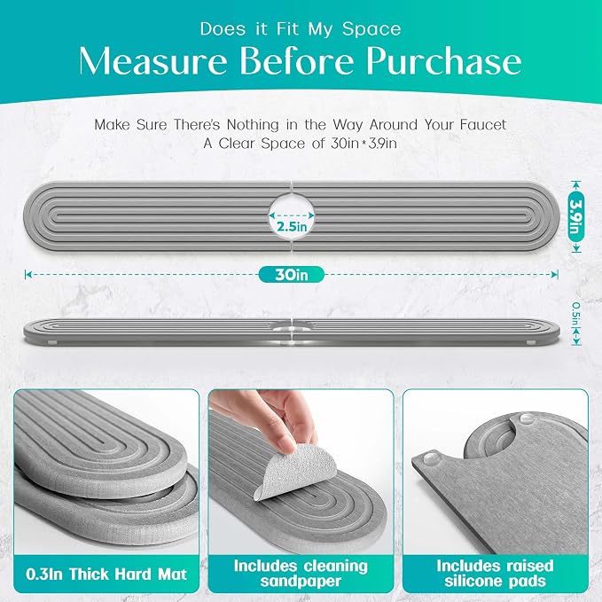 Stone Faucet Mat for Kitchen Sink – Diatomite Fast-Drying Stone Tray, Faucet Mat Sink Splash Guard, Decorative Sink Protector for Kitchen Bathroom Counter (Grey, 30''x3.9'') - Image 4