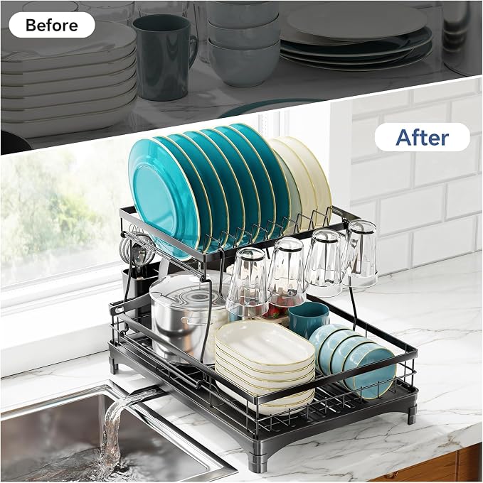 Simple Trending Dish Drying Rack, 2-Tier with Utensil Holder, Black | Stainless Steel Dish Rack for Kitchen Counter, Large Capacity Dish Drainer Organizer, Automatic Drainage, 17"D x 12"W x 15"H - Image 7