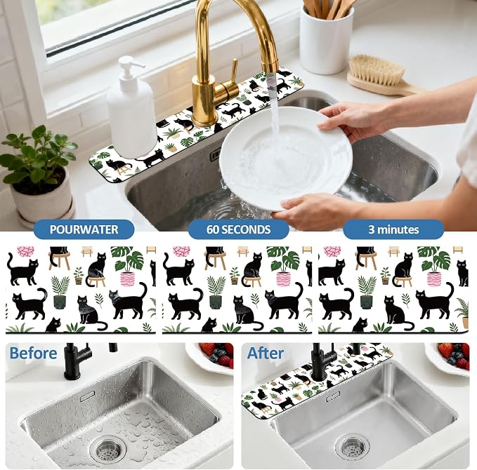 2 Pcs Kitchen Sink Splash Guard Faucet Mat Potted Cat Pattern Faucet Mat for Sinks Flower Absorbing Drying Mats for Kitchen Bathroom - Image 5