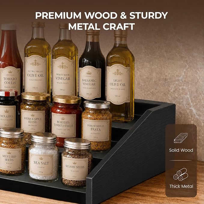 3-Tier Expandable Spice Rack Organizer, 12.8-22.6 in, Black | Adjustable, Countertop Stepped wood & iron Seasoning Organizer, Shelf for kitchen Cabinet Pantry Jars Bottles Syrup - Image 4
