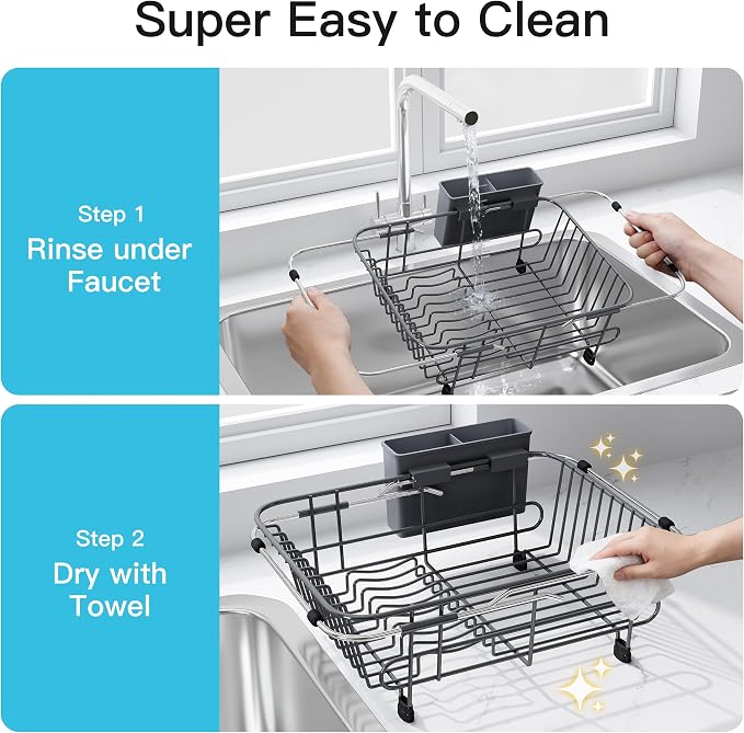 JASIWAY Gray Dish Drying Rack in Sink with Utensil Holder, RV, Apartment | Over Sink Expandable Stainless Steel Dish Drainers for Compact Kitchen, Space Saving, Fast Drain, Rustproof, For 1-2 people - Image 9