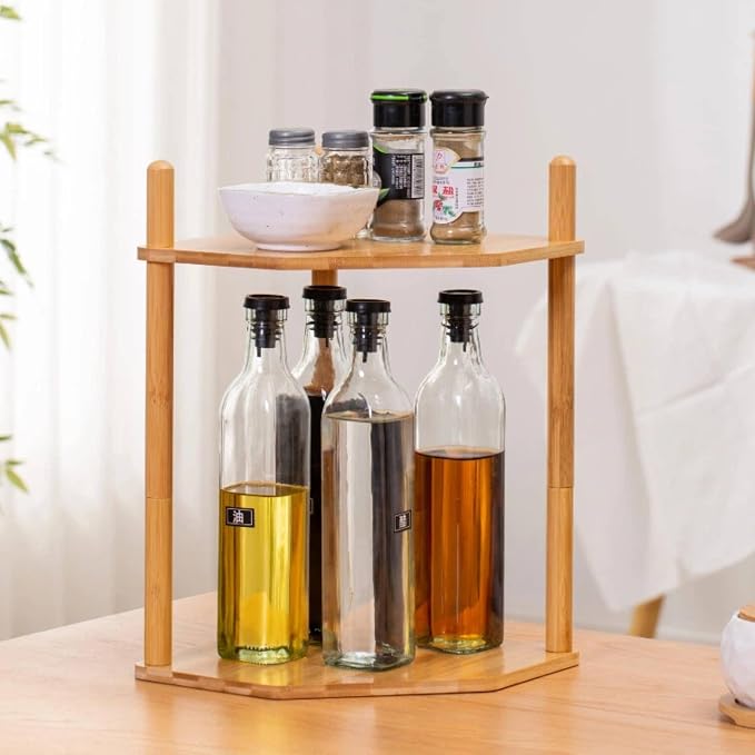 2-Tier Extra Tall Bamboo Corner Shelf, Kitchen Countertop Wine Bottle Organizer, Corner Counter Storage Rack for Pantry, Spice & Wine Organizers and Storage - Image 6