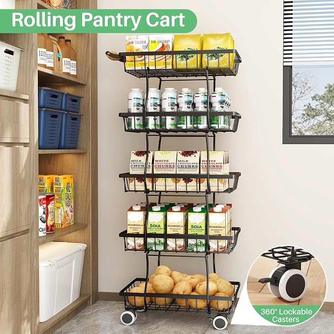 SAYZH 5-Tier Fruit Basket Stand with Vegetable Baskets for Kitchen, Black | Stackable Metal Wire Basket, Sturdy Rolling Storage Carts for Kitchen, Pantry Organizer, Snack and Jar Storage - Image 7