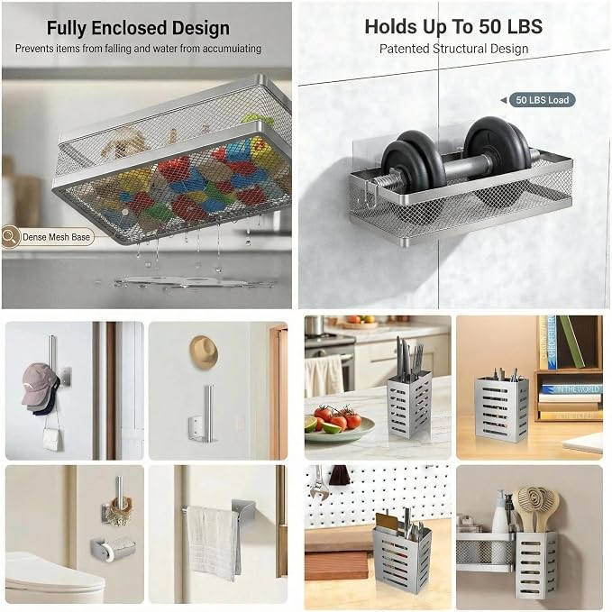 PUSDON 5-in-1 Wide Wall Mount Wrapped Mesh Kitchen Organizer & Shower Caddy Kit, with Paper Towel Holder, Utensil Holder, Soap Dish, Heavy Duty 50LBS - Silver Gray, Netting - Image 4