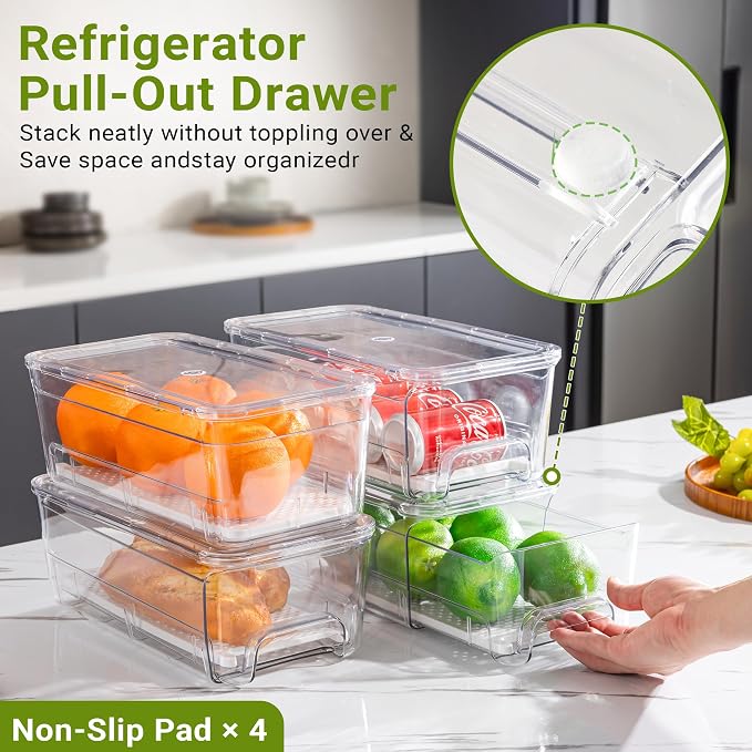 Imncya 5 Pack Refrigerator Organizer Bins, Fridge Organizers and Storage | Stackable Pull-Out, Refrigerator Drawers with Lids, Clear Design with Drain Tray, Fruits Vegetables Snack Storage Containers - Image 4