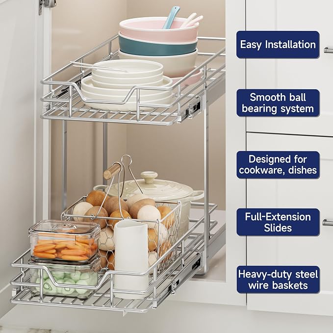 2-Tier Pull Out Cabinet Organizer, 12.5" W x 21.5" D, Heavy Duty Dual Slide Out Shelves for Narrow Base Cabinets, Chrome Wire Basket Drawer for Spices, Bottles & Snacks - Image 4