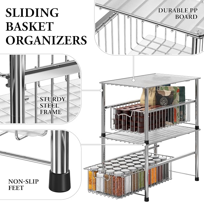 Simple Houseware Chrome Metal Stackable Storage Rack, 16.75 in L x 10.8 in W x 10.25 in H | Free Standing Organizer Drawer, Kitchen/Pantry/Cabinet/Counter - Image 4