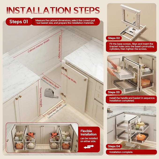 Blind Corner Cabinet Pull Out Organizer, Heavy-Duty Magic Corner Shelves with Soft Close, 2-Tier Full Extension Baskets for 13",14.1",15.3",16.9" Kitchen Cabinets, Left & Right Compatible - Image 6