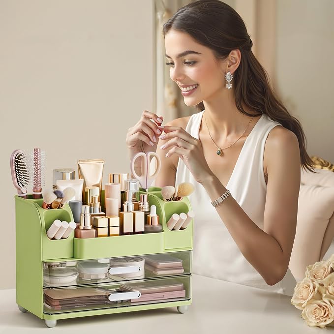 HBlife Makeup Organizer for Vanity with Brush Holder, Large Bathroom Countertop Cosmetic Organizer Skincare Storage, Easy to Store Lipsticks, Nail Polishes, Perfumes, Eyeshadow Palettes, Avocado Green - Image 6