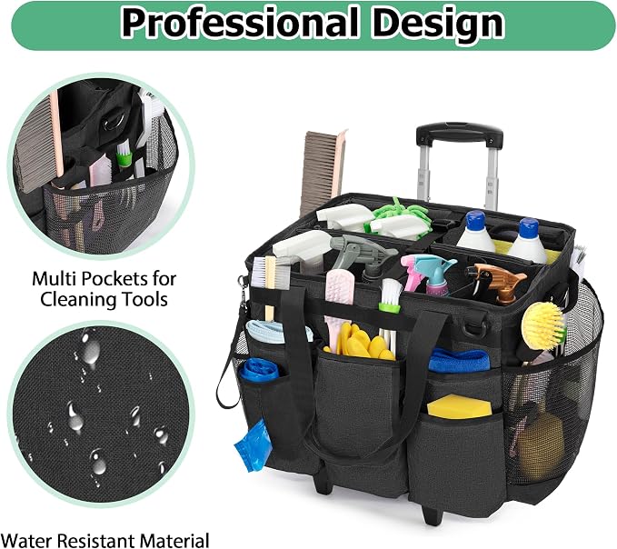 LoDrid Professional Rolling Cleaning Bag with Detachable Trolley, Black | Portable Cleaning Cart with Shoulder Strap for Housekeepers, Patent Design - Image 3