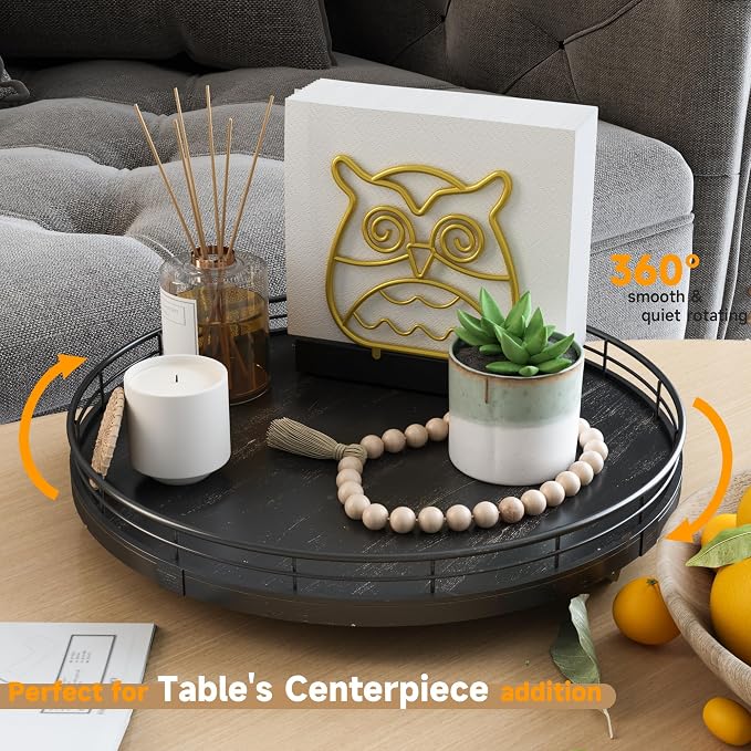 AMH 12-Inch Oak Lazy Susan Vanity Tray with Black Brush Gold Metal Rail | Smooth rotating oak tray with walnut finish for dining tables, kitchen counters, pantries and cabinet storage. - Image 3