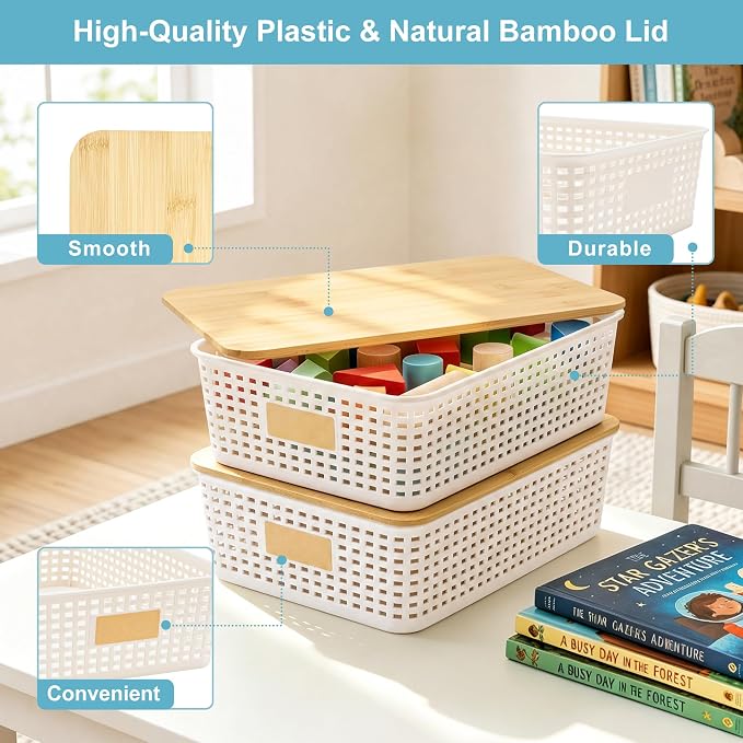 4 Pack Plastic Storage Bins with Bamboo Lids, 6.2qt Stackable Storage Organizer Box with Lable for Pantry Shelves Drawers Desktop Office, 12"L x 8.3"W x 3.5"H, Cream White - Image 2