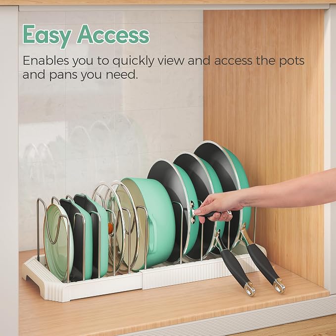 Expandable Pan Organizers Inside Cabinet with 10 Dividers White | Extends 12.9-21.9", Holds cookie sheets, cutting boards, pot lids and pans, iron dividers, plastic base, under cabinet rack - Image 7