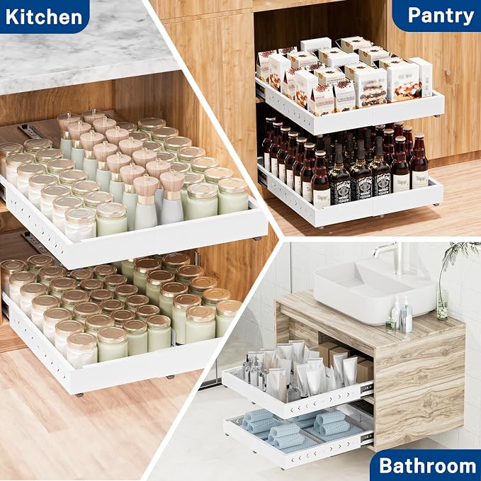 Insputer 1 Pack Pull Out Cabinet Organizer Expandable (12.4"-20.08")W & (16.26"-22.44")D, No Drill Slide Out Drawer with 3 Slide Rails, 2Pcs Magnetic Panel, Adhesive Roll Out Shelf for Kitchen, Pantry - Image 8