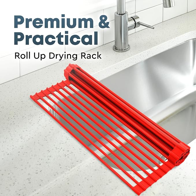 Zulay Kitchen Large Roll Up Dish Drying Rack - Heavy Duty Silicone Wrapped Steel Rods Over Sink Dish Drying Rack - Versatile Roll Up Sink Drying Rack & Trivet - Red,20.5 inches x 13 inches - Image 8