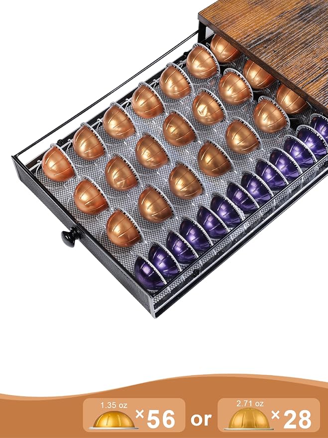 Sedegn Nespresso Vertuo Pod Holder: Pod Organizer for 56 Small/28 Large | Smooth glide drawer for easy access non-slip & tool-free durable fits Vertuo – nespresso pods holder for kitchen office Brown - Image 6