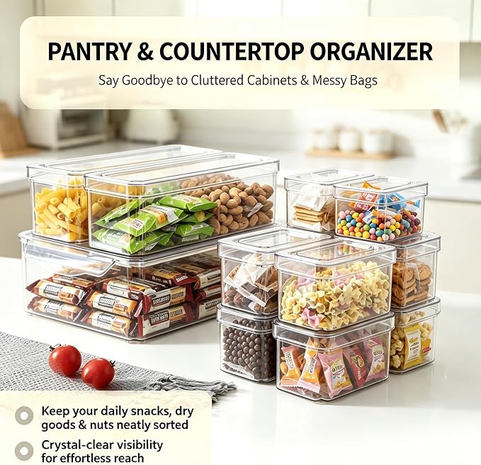 KUMD 10 Pack Food Storage Organizer Bins, Clear Stackable Containers | Organizer bins with lids for food packets, snacks, spice pouches, tea & dry goods. Fits pantry, kitchen cabinet & countertop - Image 5