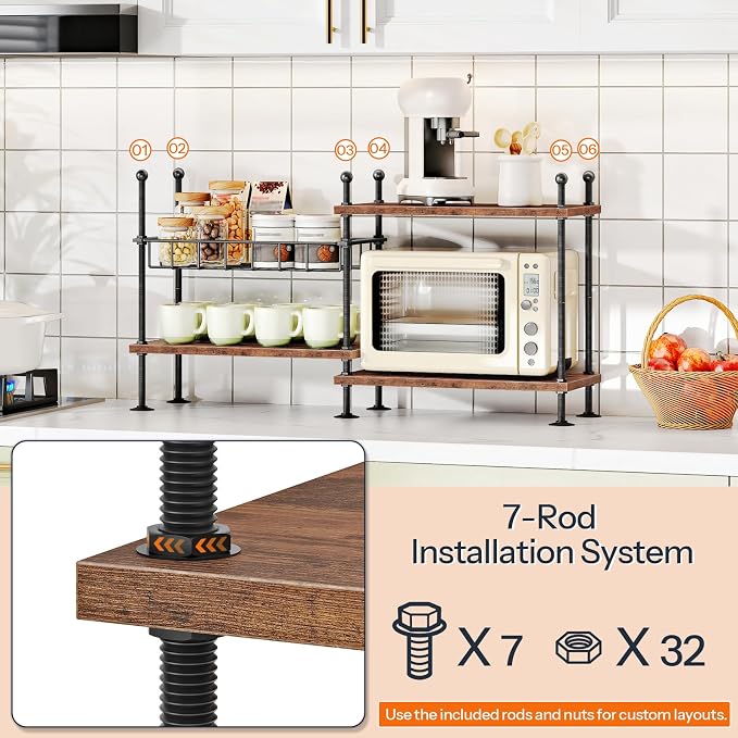 HOOBRO Kitchen Countertop Organizer, 4-Tier Adjustable Kitchen Storage Shelf with Rods & Leveling Feet, 3 Configurations, for Cabinet, Countertop, Bathroom, Office, Rustic Brown and Black BF21TL01 - Image 6