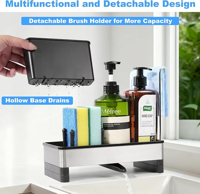 Sponge Holder for Kitchen Sink Caddy Organizer, Dish Brush Holder | Stainless Steel Sponge Caddy for Kitchen Countertop Organizer, Rustproof Dish Soap and Sponge Rack with Dishcloth Drying Rack - Image 5