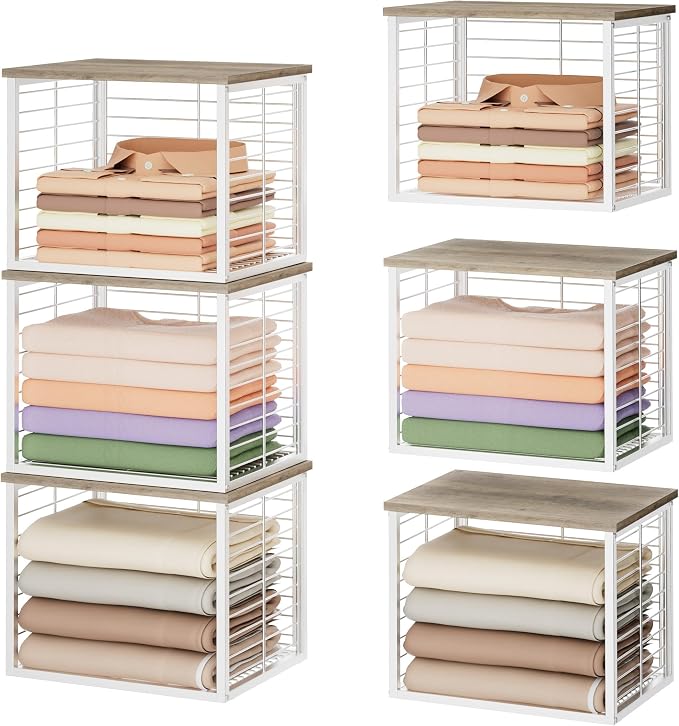 3PCS Stackable Closet Organizers and Storage Basket | with Wood Top Extra Storage, Multifunctional Storage Organizer Bin, Open Wire Basket, Greige and White by Cerlyunzan