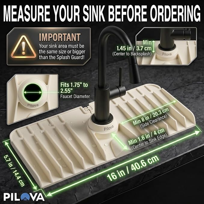 Premium Kitchen Sink Splash Guard – 16" x 5.7" Silicone Faucet Mat with Secure Pressure Clip, True 10° 3D Drainage(No Pooling), Anti-Lift Design, Flexible Leak-Sealing Ring, Non-Slip Fit Behind Faucet - Image 4