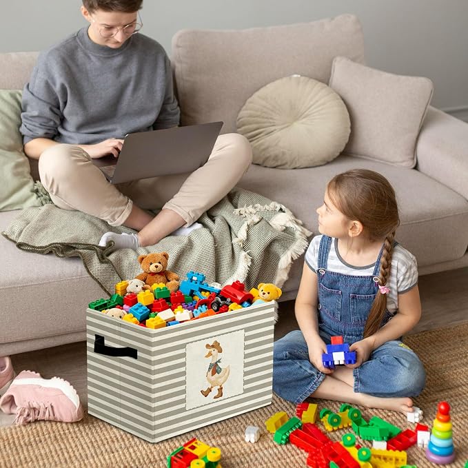 Rustic Western Cowboy Duck Storage Bins Boxes Handles | grey striped nursery foldable basket for organizing bedroom toddler playroom - Image 4
