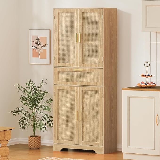 Iwell Tall Storage Cabinet with 2 Adjustable Shelves & Large Drawer, Rattan Cabinet with 4 Doors, Pantry Cabinets for Dining Room, Living Room, Home Office, Natural - Image 2