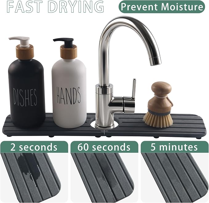 NiuYichee Faucet Mat for Kitchen Sink, Water Absorbing Diatomite Stone Tray | 17.3" x 3.9" Sink Coaster for Bathroom Counter, Stone Drying Mat, Sink Splash Guard, Fast Drying-Prevent Moisture, Dark Gray - Image 4