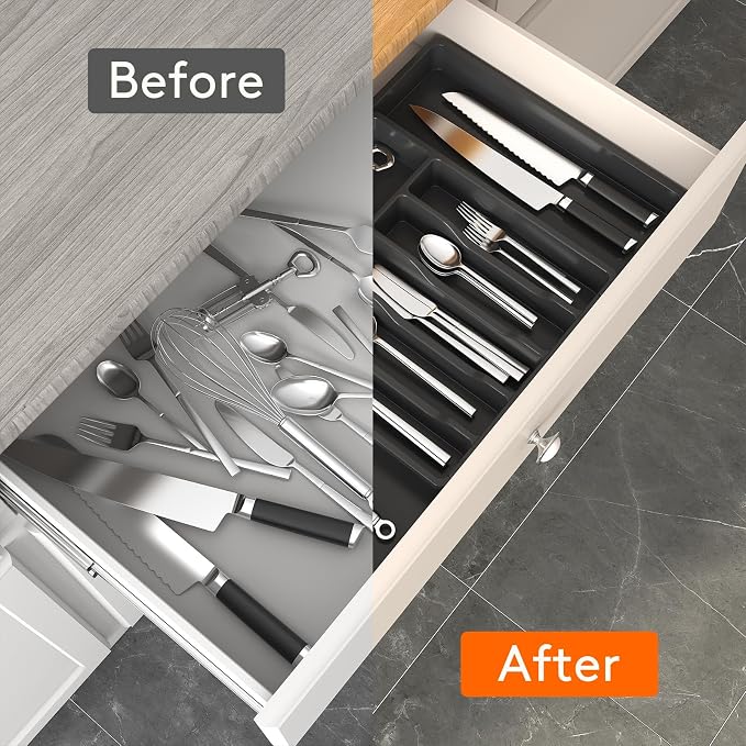 Lifewit Extra Large Silverware Drawer Organizer, Expandable Utensil Tray | BPA Free Flatware Cutlery Holder for Kitchen, Adjustable Plastic Storage for Spoons Forks Knives, 13-22 x15, Black - Image 6