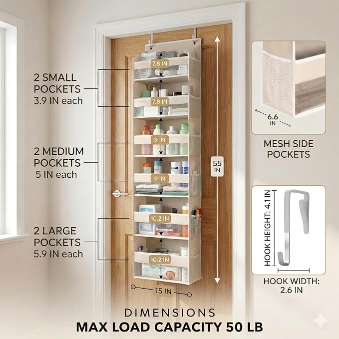 Over the Door Organizer, 6-Tier, 100D Fabric, Ivory 2pc | Over the door shoe organizer, 50 lbs capacity, 12 side mesh pockets, 100D extra thick fabric, Closet & entryway storage - Image 2