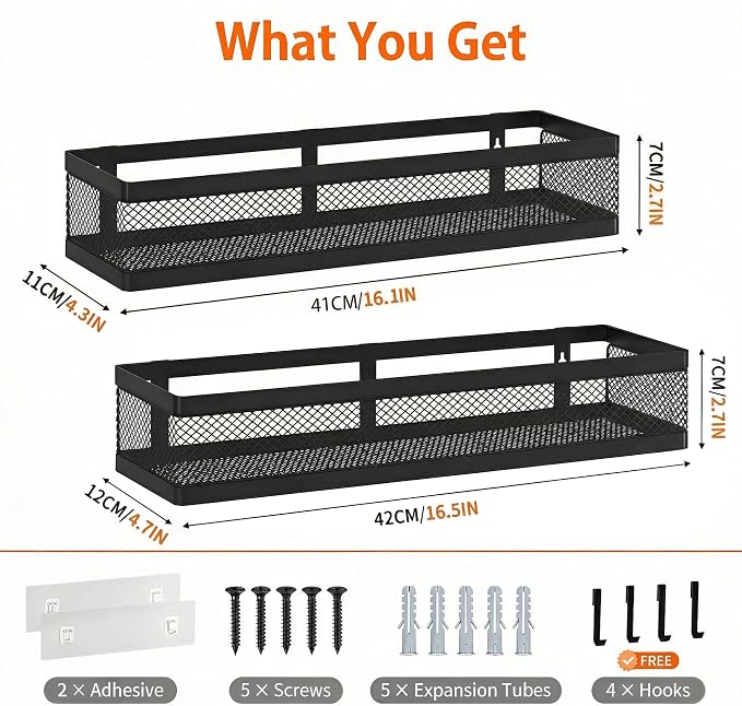 PUSDON 16.5-Inch Extra Long Slim Mesh Shower Caddy, Wall Mounted Bathroom Organizer with Adhesive, Heavy Duty Rustproof Shelf for Narrow Kitchen Pantry & RV, Holds 50 LBS 2-Pack - Matte Black Netting - Image 3