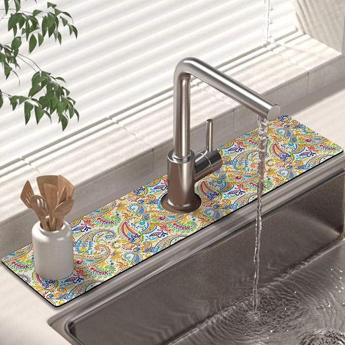 Kitchen Sink Splash Guard Faucet Mat 24" X 5.5" Paisley Absorbent Fast Drying Mat Faucet Draining Mat Sink Splash Guard Behind Faucet Drip Catcher for Kitchen Bathroom by Unknown