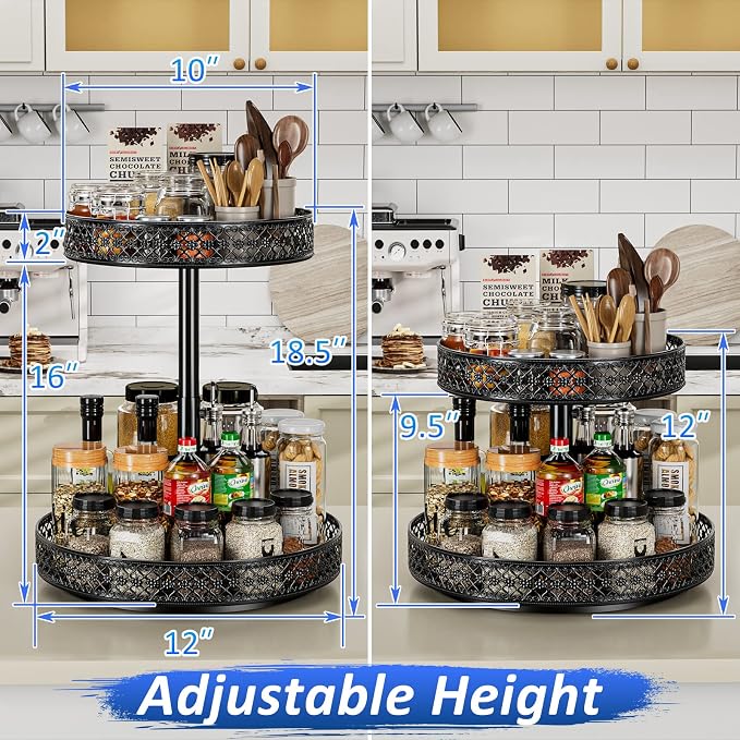 2 Tier Lazy Susan Organizer - Adjustable Rotating Spice Rack 12 inch | Floral Turntable Lazy Susan for Cabinet Pantry Kitchen Countertop Table Top Cupboard Bathroom Vanity Storage Metal Black - Image 3