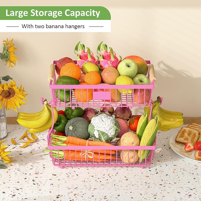 2 Tier Fruit Basket for Kitchen Counter with 2 Banana Hangers, Countertop Metal Fruit Bowl with Wooden Handle, Large Storage Stand for Vegetables, Snacks, Breads, Produce Storage – Rose Pink - Image 3