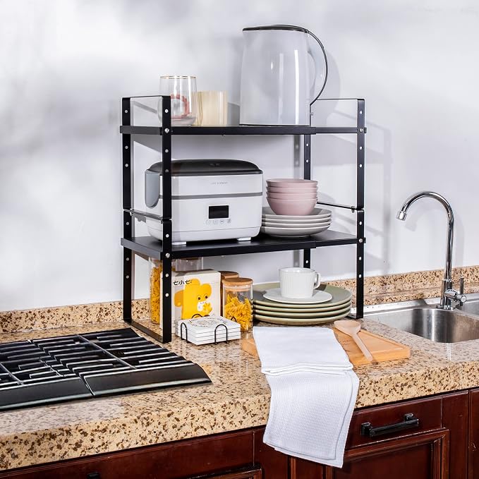 Across-Star Expandable Cabinet Shelf Organizer Rack, Stackable Kitchen Countertop Organizer Storage Shelves, Adjustable Height Pantry Counter Shelf Riser Spice Rack (Black, 2 Pack) - Image 7