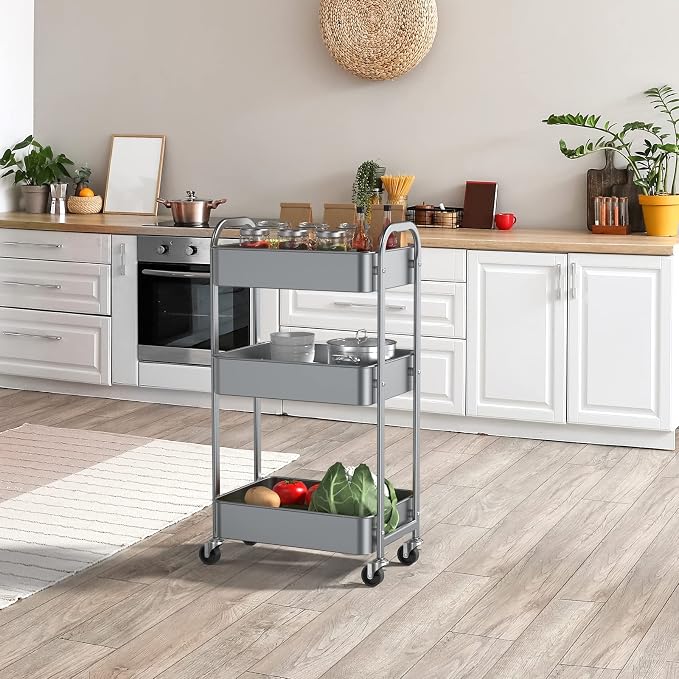 MAX Houser 3-Tier Rolling Utility Cart with Caster Wheels,Easy Assembly, for Kitchen, Bathroom (Silvery-Grey) (Pack of 3) - Image 8