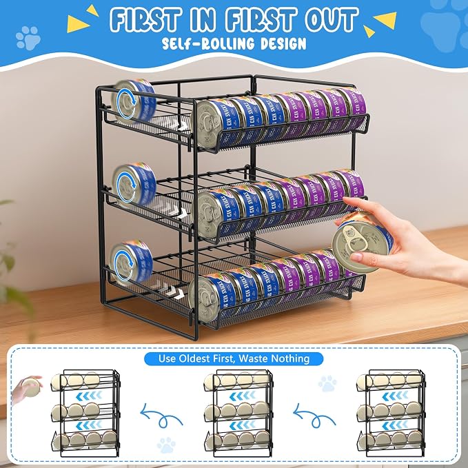 Cat Food Can Organizer 3-Tier Can Organizer for Pantry 84 Cans 3.5oz | Black metal 3-tier cat food can organizer,Holds 84 cans 3.5oz,Adjustable pantry countertop storage for kitchen cabinet - Image 3
