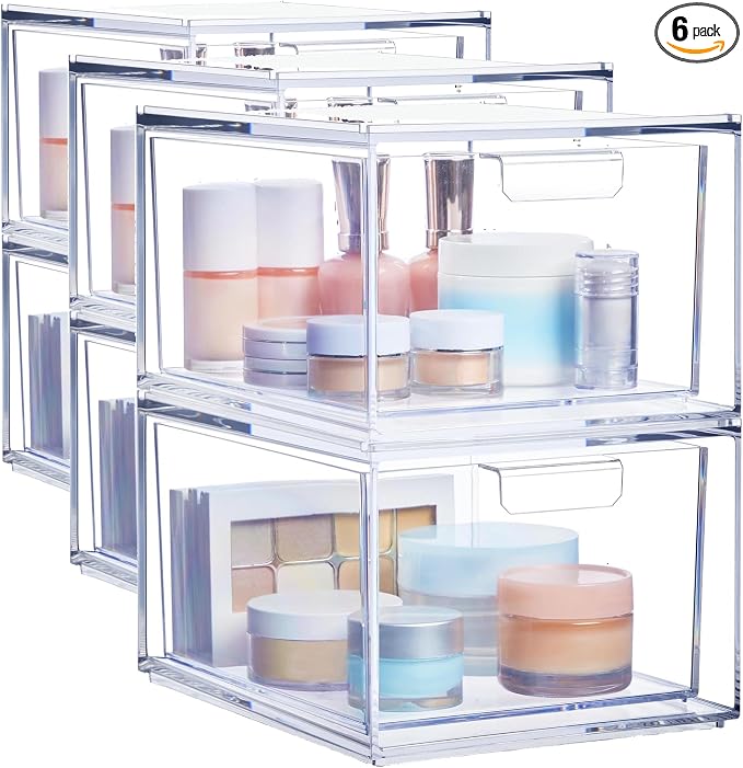 STORi Audrey Stackable Clear Bin Plastic Organizer Drawers | 2 Piece Set | Organize Cosmetics and Beauty Supplies on a Vanity | Made in USA (Pack of 3) by STORi