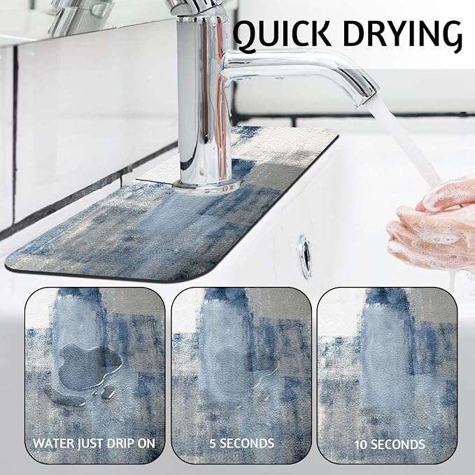 MCALK Blue Kitchen Sink Faucet Mat Splash Guard, Absorbent Quick-Dry Kitchen Sink Mat - Ideal for Splash Guard & Drip Catching with Abstract Art Decor( 1pc 15"x5.5") - Image 2