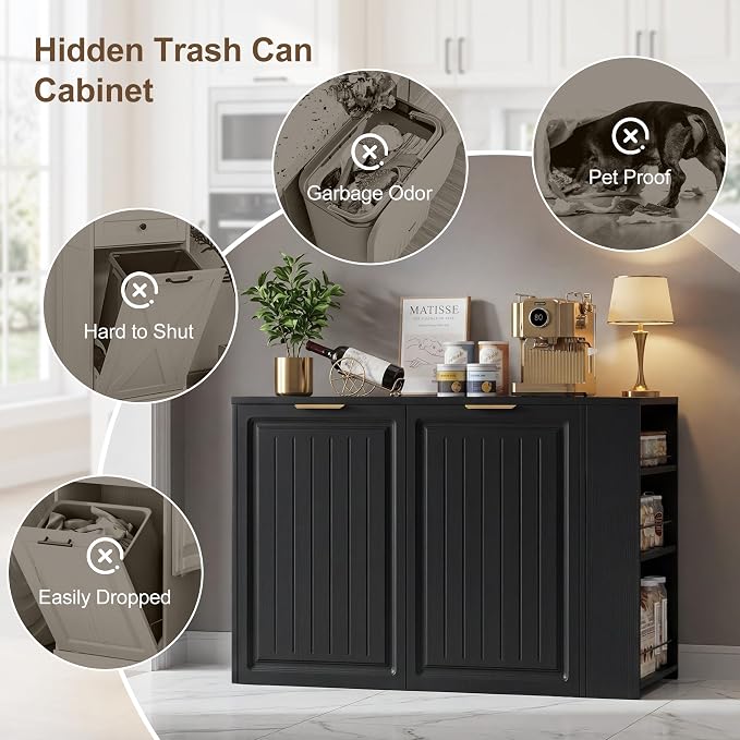 Double Pull Out Trash Can Cabinet 2x13 Gallon, Side Storage Rack, Black | Pet Proof, Freestanding Kitchen Cabinet, Garbage Recycling, Laundry Hamper, Modern Farmhouse Waste Bin Furniture - Image 8