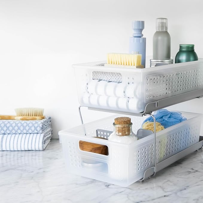 madesmart Two Tier Organizer with Dividers, Frost | pull out bins, tiered access, cleaning supplies, under sink use, pantry bottles, woman owned - Image 2