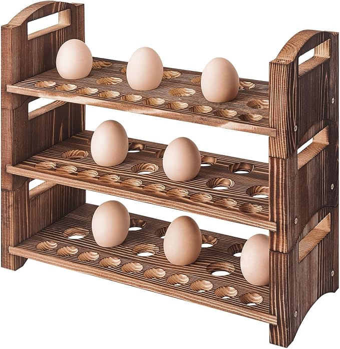 Wooden Egg Holder 3 Layer Fresh Egg Rack Holders Countertop Stackable Quail Egg Sorter Storage Trays Organizer Display Stand Kitchen Rack, Fits Duck, Turkey, Chicken Eggs,up to 36 Eggs, 3 Tier-Brown by PrimRend