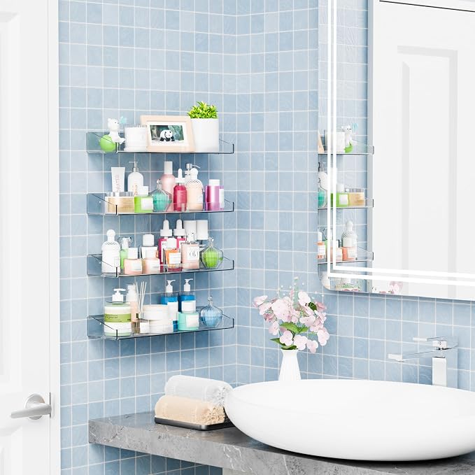 2 Pack Clear Shower Shelves for Tile Walls,Adhesive Acrylic Bathroom Shelves Organizer and Storage,No Drill Acrylic Shower Wall Caddy & Shelf,Floating Shelves for Makeup,Perfume,Shampoo Holder - Image 2
