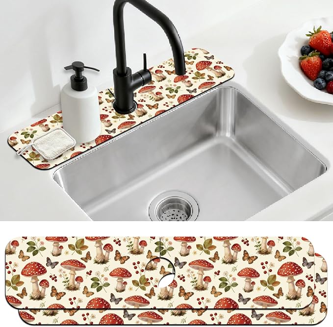 2 Pcs Plants and Mushrooms Kitchen Sink Splash Guard Faucet Mat Leaves Butterfly Faucet Mat for Sinks Absorbing Drying Mats for Kitchen Bathroom, 23.6x5.5inch by CONCHLERY%E6%97%97%E8%88%B0%E5%BA%97