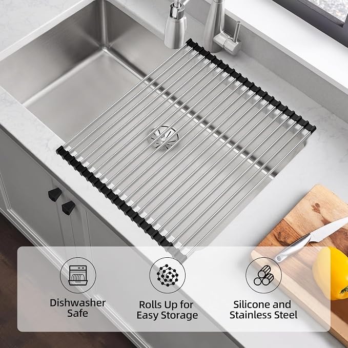 NEZUIBAN Dish Drying Rack with Roll Up and Over Sink for Kitchen,17.5"x11.8",Black - Image 2